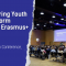 The visual has on the left side the title of the article: "Empowering Youth to Transform Europe’s Erasmus+. European Youth Conference, Copenhagen". At the right there is a picture of the conference, people sitting in chairs attending the speakers 